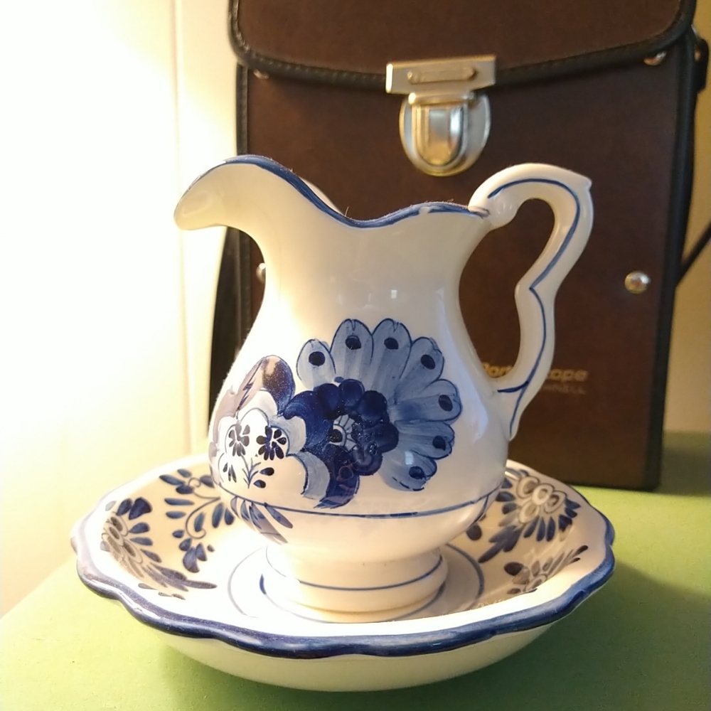 Vintage Blue and White Ceramic Pitcher and Bowl